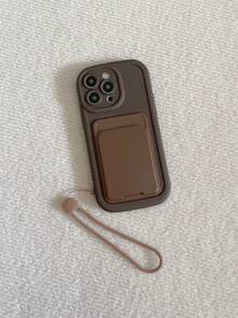 1pc TPU Frosted Full-Body Mobile Phone Case With Built-In Card Holder And Silicone Rope, Phone Protective Cover - Brown - View 3