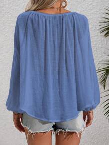 Flirla Lace Splice Solid Color Tassel Tie Holiday Shirt - Dusty Blue - View 2