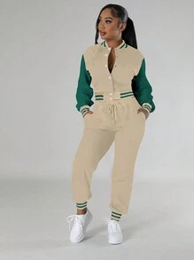 Women's Casual Color Block Single-Breasted Long Sleeve Jacket Top Paired With Drawstring Pocket Sweatpants Set, Spring/Autumn/Winter