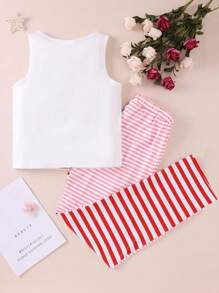 Teen Girls' Simple Stripe Pants And Sleeveless Heart Printed Vest Two Pieces Homewear Set - Multicolor - View 2