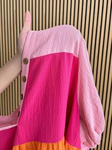 Slaydiva Sweet Casual Plus Size Women's Patchwork A-Line Puff Sleeve Doll Dress - Multicolor - View 9