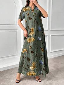 Al Najma Arabisches langes Kleid komplett mit Blumen Allover Muster und vorderen Knöpfen, langärmelig - Verschiedenfarbig - Übersicht 5