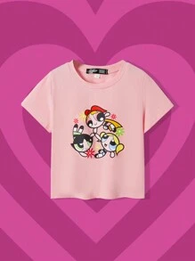THE POWERPUFF GIRLS X SHEIN เสื้อยืดแขนสั้นลายลำลองสำหรับเด็กผู้หญิง เหมาะสำหรับฤดูร้อน - สีชมพูพาสเทล - ดู 2