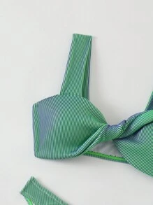 Women's Summer Beach Contrast Striped Bikini Set With Twisted Chest Design - Green - View 4