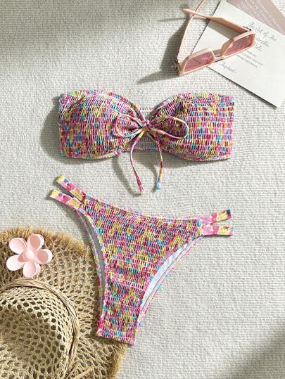 女士夏季海滩碎花抹胸吊带性感比基尼套装 2 件套，随机印花
