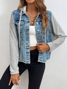 SHEIN LUNE Women's Button-Front Drawstring Pocket Denim Patchwork Jacket With Frayed Edges - Light Wash - View 1
