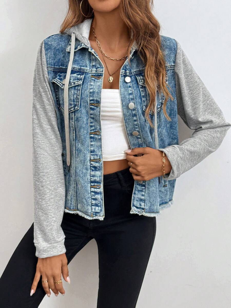 SHEIN LUNE Women's Button-Front Drawstring Pocket Denim Patchwork Jacket With Frayed Edges - Light Wash - View 1