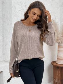 SHEIN LUNE 运动休闲跑步骑行慢跑篮球运动服女式 T 恤，圆领，不对称下摆，拉绒羊毛，纹理面料，温暖，休闲，舒适，秋冬季 - 杏色 - 查看 5