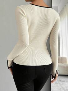 Celisse Black Edged, Split Cuff, Slim Fit Women's Casual Sweater,Long Sleeve Tops Knit Pullover Fall Winter Outfit - Apricot - View 2