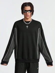 Manfinity RebelGame Áo len dệt kim dáng rộng cho nam có tay dài in khối màu & ngôi sao - màu đen - Xem 6