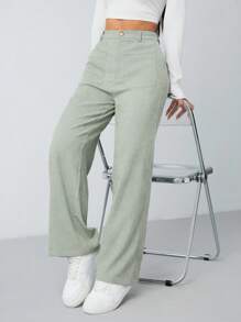 SHEIN PETITE 女士秋冬薄荷綠色雙口袋直筒褲 - 綠色 - 查看 6