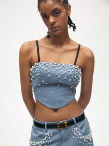 Maija Women Pearl Decor Cropped Camisole Top, Summer - Blue - View 4