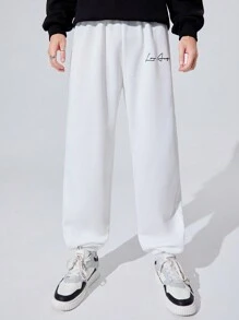 SHEIN Leap Crew 2 件套青少年男童休闲英式印花羊毛宽松运动裤，黑色和白色，适合秋冬季，保暖，学院/日常穿着和运动，百搭简约风格