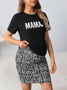 SHEIN Maternity Letter Graphic Tee & Striped Print Skirt Set - Black - View 3