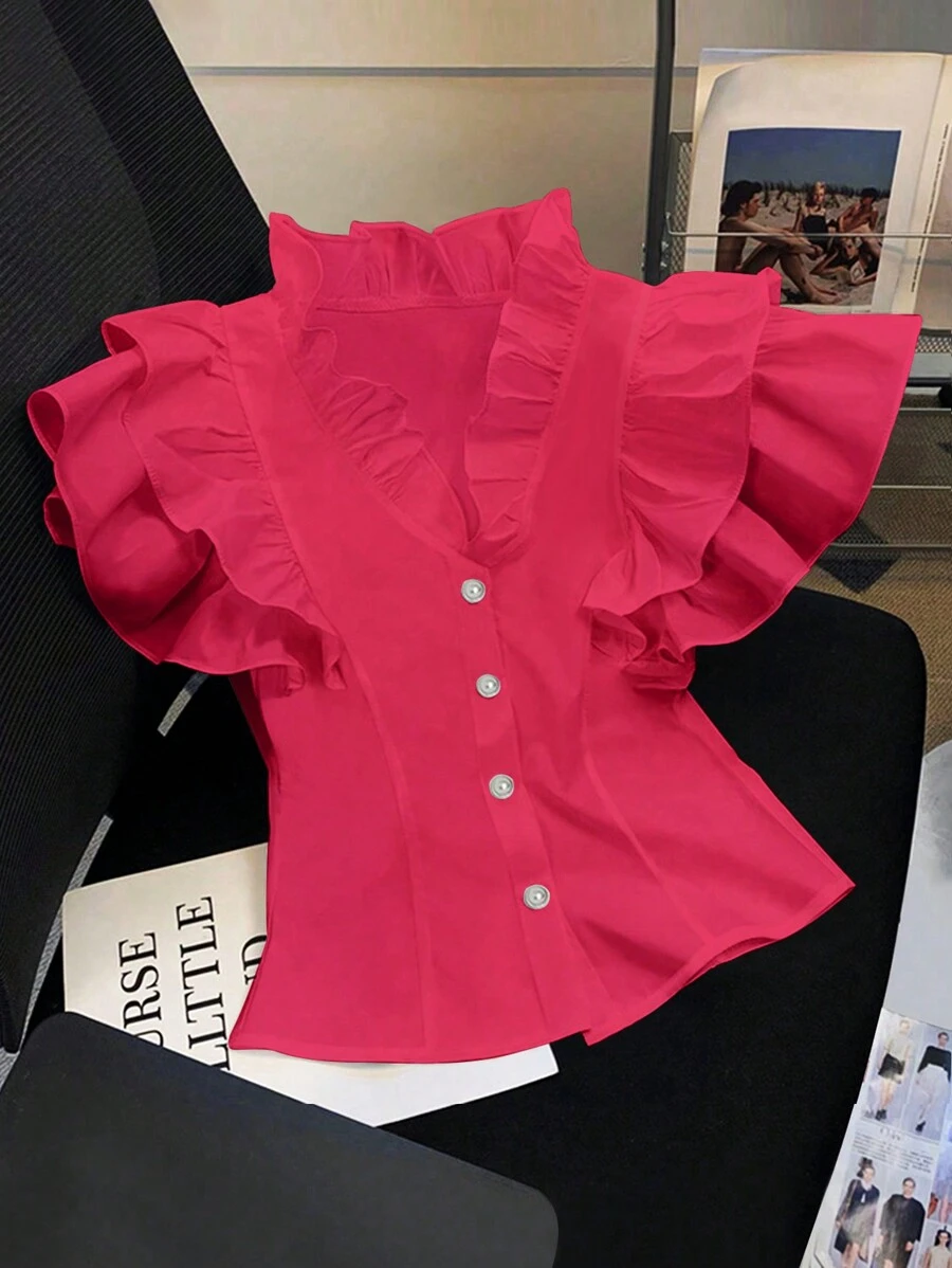 SHEIN Unity Summer V-Neck Ruffled Waist Elegant Women's Shirt - Hot Pink - View 1