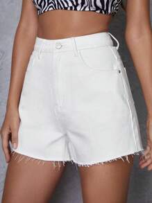 SHEIN Essnce Shorts Denim Lavados com Barra Desfiada de Cintura Alta - Branco - Visão 5