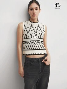 BizChic Áo len dệt kim cổ tròn phối màu cho nữ trang phục mùa thu - Màu be - Xem 5