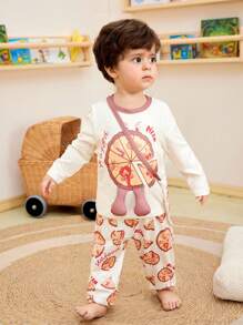 3 pièces/set Pantalon long, Top à manches longues et sac assortis pour bébé garçon avec imprimé 3D de lettres, d'émoticônes et de pizza - Multicolore - Voir 1