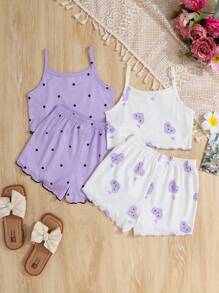 SHEIN 4pcs Young Girl Cute Rabbit Pattern Knitted Set - Tank Top, Shorts, And Pajamas For Summer