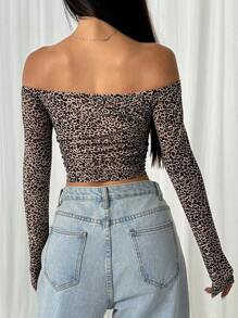 SHEIN EZwear 女士豹紋無肩頸長袖T恤，春夏季 - 卡其色 - 查看 2