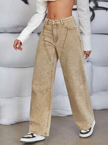 SHEIN ICON 傾斜口袋漂染寬腳牛仔褲 - 卡其色 - 查看 1