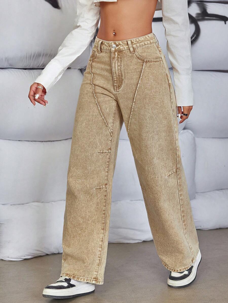 SHEIN ICON 傾斜口袋漂染寬腳牛仔褲 - 卡其色 - 查看 1