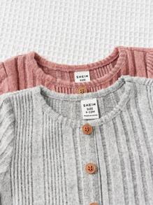 SHEIN Leap Crew Conjunto de 2 piezas de vestido de punto elástico de manga larga y adorable para bebé niña, otoño/invierno - Multicolor - Ver 5