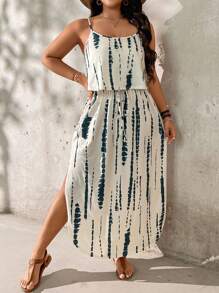 Truni Plus Size Soft Tie-Dye Dress With Slit And Cinched Waist For Summer, For Pear And Triangle Body Shape - Multicolor - View 5