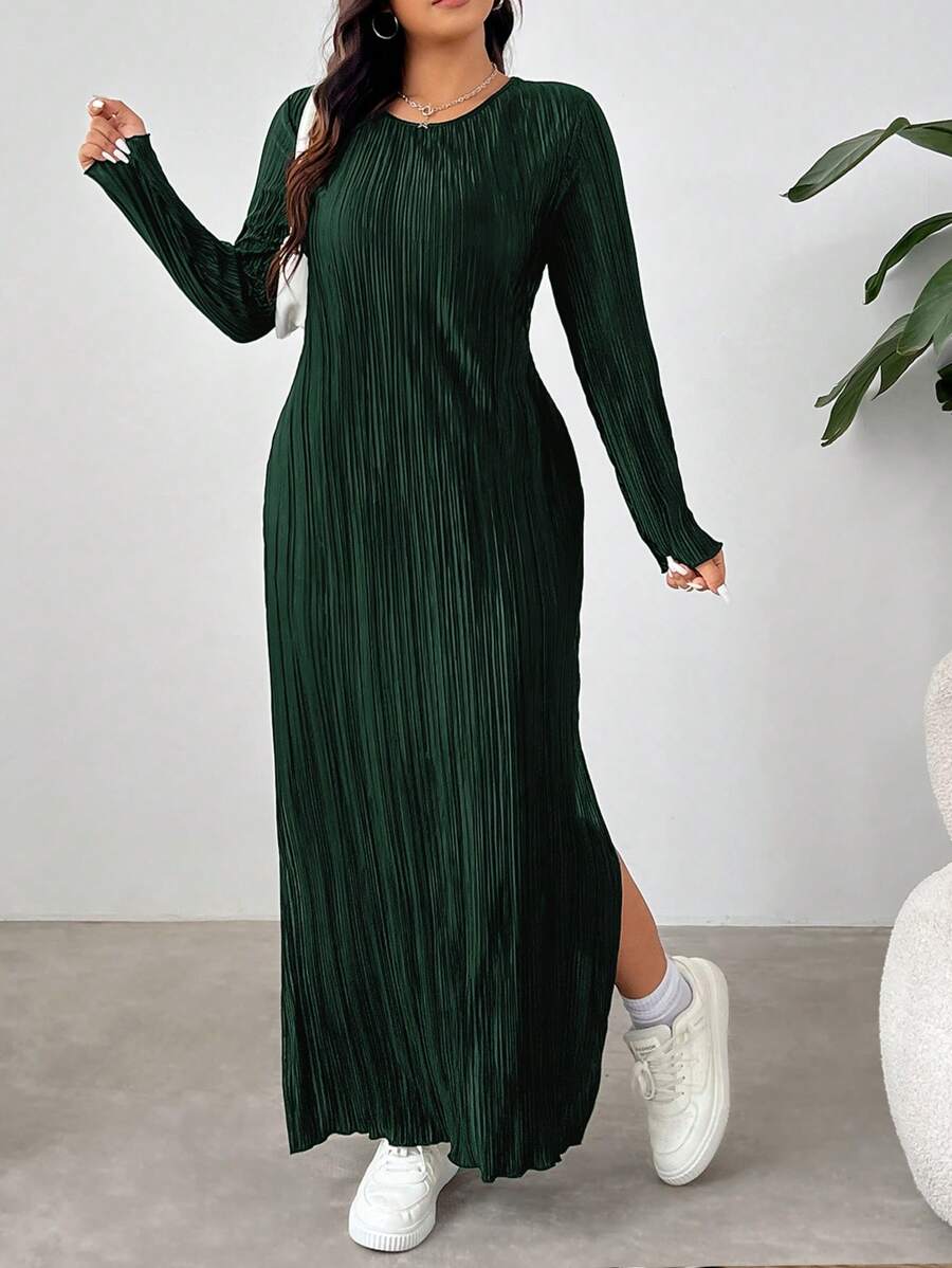 SHEIN EZwear Plus Size Black Pleated Long Split Hem Dress