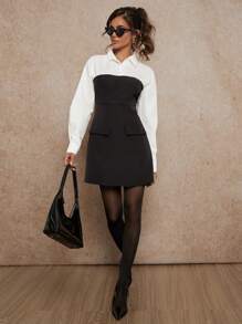 Forever 21 Autumn New Arrival Dress With Shirt Collar, 2 In 1 Design, A-Line, Long Sleeves - Black and White - View 1