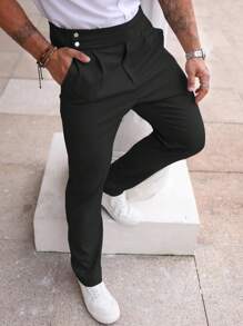 Manfinity Homme Men's Solid Color Buttoned Casual Pants With Pockets