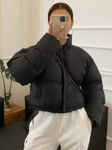 DAZY 女士纯色简约日常长袖棉衣，冬季女装，棉衣女式夹克 - 黑色 - 查看 9