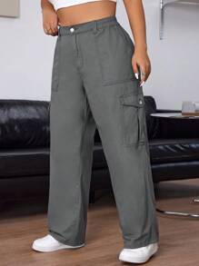 SHEIN ICON Plus Size Women's Elastic Waist Washed Denim Cargo Pants - Grey - View 6