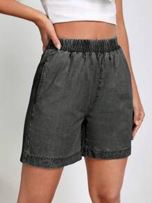 女式彈性腰口鬆身牛仔短褲，附有口袋 - 灰色 - 查看 4
