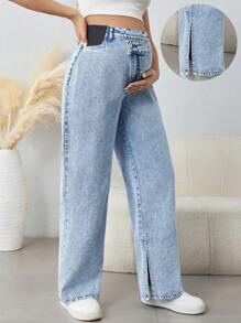 SHEIN Jeans anchos de embarazo con cintura asimétrica, bajo dividido y pernera ancha para mamá en otoño