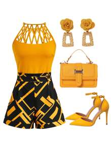 SHEIN Clasi Women's Yellow Geometric Cutout Cami Top And Pocket Shorts Set - Black - View 3