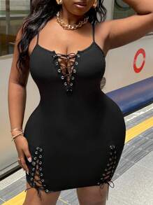 Slaydiva 大尺碼街頭風格黑色細肩帶肋紋打結連身迷你背心連衣裙 - 黑色 - 查看 7