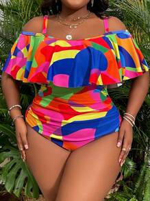 Slaydiva Plus Size Summer Beach Print Ruched Lace Off Shoulder One-Piece Swimsuit - Multicolor - View 1