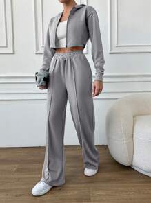 EURMUSE Của phụ nữ áo có mũ Dây kéo Áo nỉ Và Quần Bộ - Xám - Xem 4