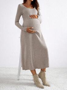 SHEIN 孕妇纯色圆领罗纹针织长袖连衣裙 - 卡其色 - 查看 4