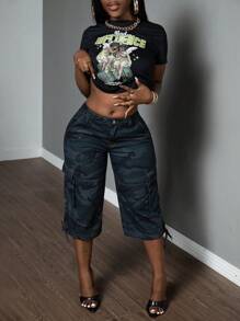 SHEIN Slayr 低腰迷彩七分直筒牛仔裤