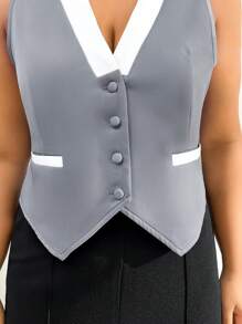SHEIN Essnce Plus Size Color Block Sleeveless V-Neck Blazer - Grey - View 7