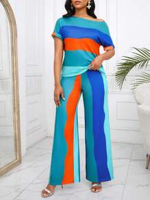 SHEIN Lady Maglioni eleganti a maniche a campana con collo rotondo in misto lana, a righe bianche e nere, taglie comode per l'autunno e l'inverno - Multicolore - Visualizzare 3