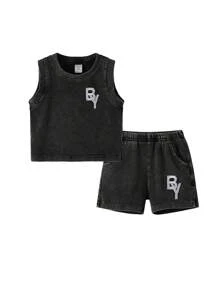 SHEIN Playful Pals Baby Boys' Summer Snow Wash Embroidery Tank Top And Shorts Outfit Set - Black - View 3