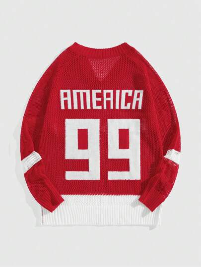 Men V Neck Letter Pattern Patched Detail Sweater, School