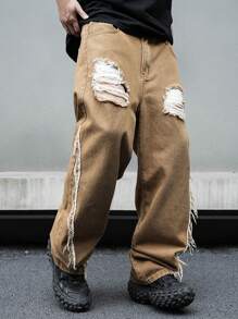 Manfinity EMRG Men Ripped Fringe Trim Straight Leg Baggy Jeans