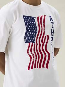 Manfinity VCAY 男士宽松圆领短袖针织 T 恤，印有美国国旗，适合夏季