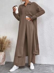 SHEIN LUNE Solid Button Front Shirt & Wide Leg Pants - Mocha Brown - View 4