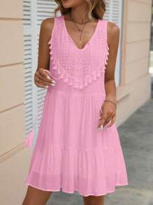 Breezaya Solid Color Sleeveless Ruffle Trim Tie Front Pleated Dress, Casual & Vacation - Pink - View 6
