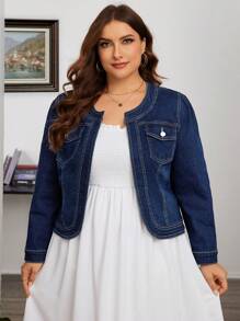 SHEIN LUNE Plus Size Button Pocket Long Sleeve Daily Casual All-Match Denim Jacket - Dark Wash - View 4